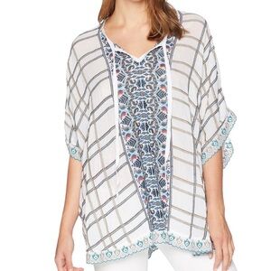 Johnny Was Cherpas White Green Embroidered Tunic Poncho Top | Size S